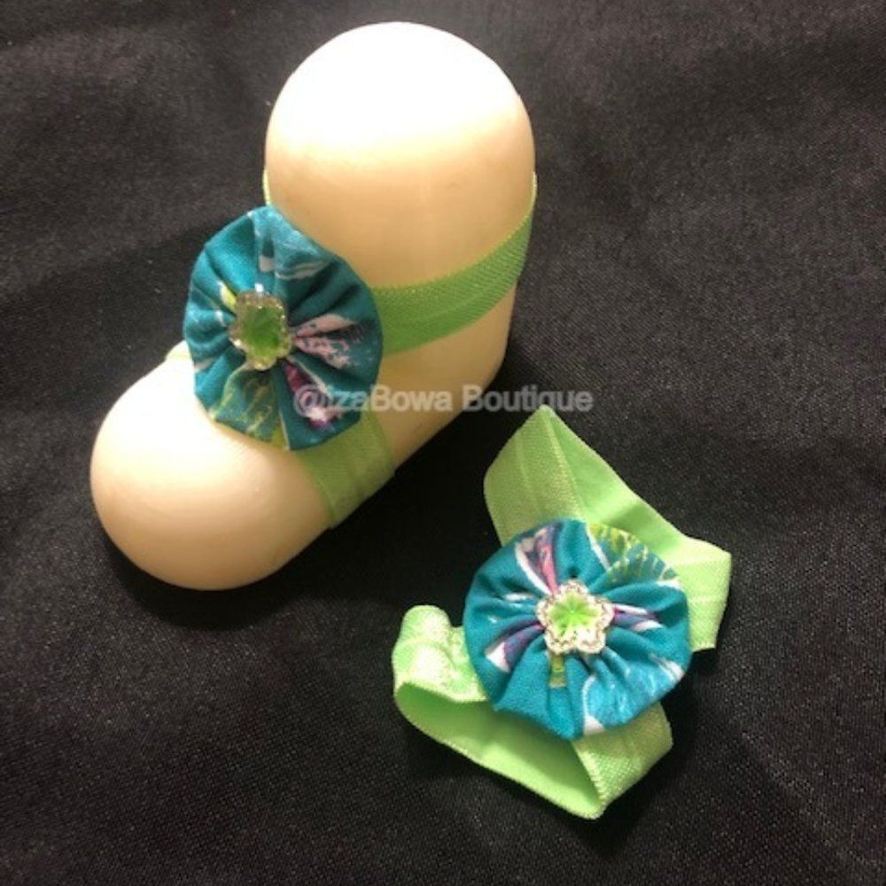 Green Yo-Yo Flower Barefoot Sandal  HANDMADE  YO20  NWT Boutique